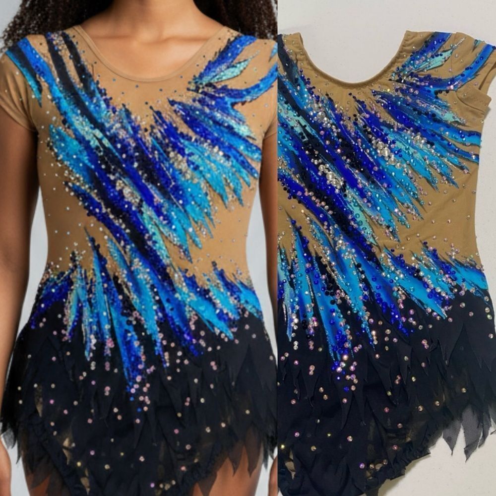 Custom solo dance ice skating rhythmic costume blue ombre rhinestoned dress MC